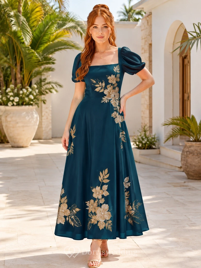 Robe midi en mousseline à manches bouffantes et col carré orné de fleurs de paon