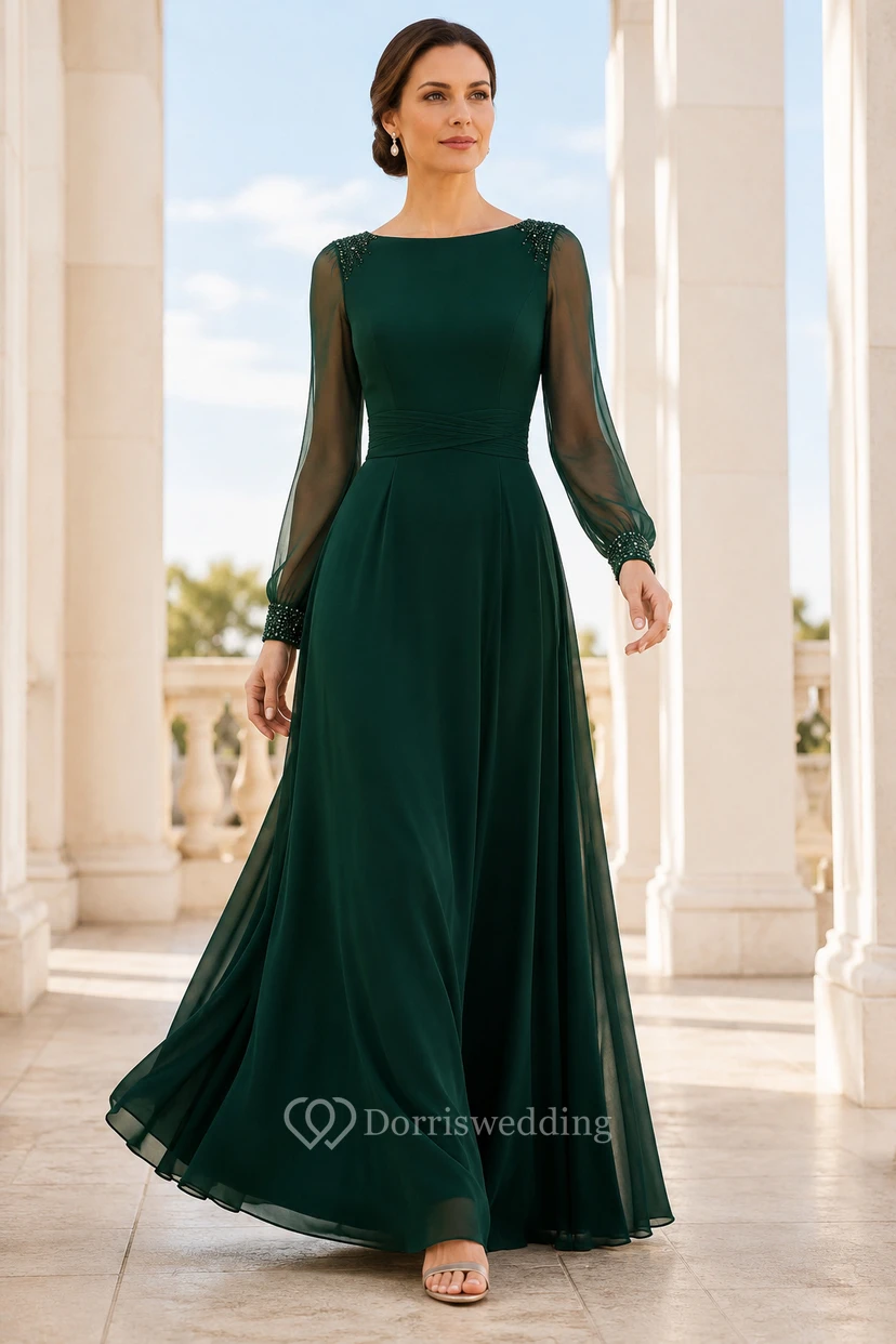 Dark Green Long Sleeve Chiffon A-Line Formal Dress