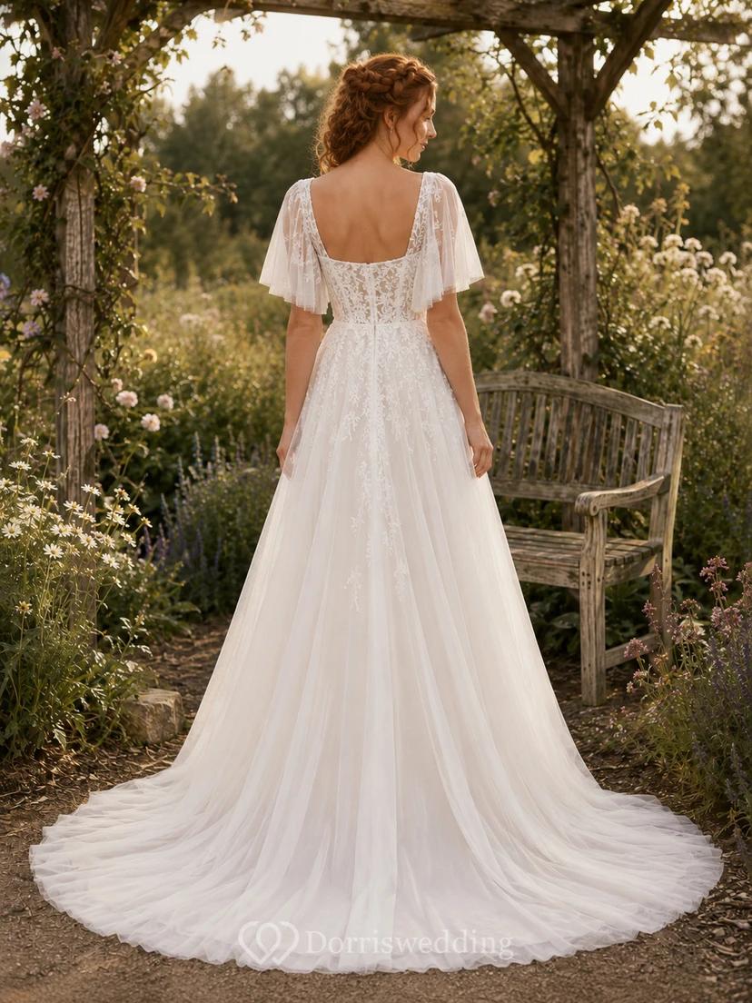 Schneller Versand: Boho-Brautkleid mit flatternden Ärmeln und Spitze view 2