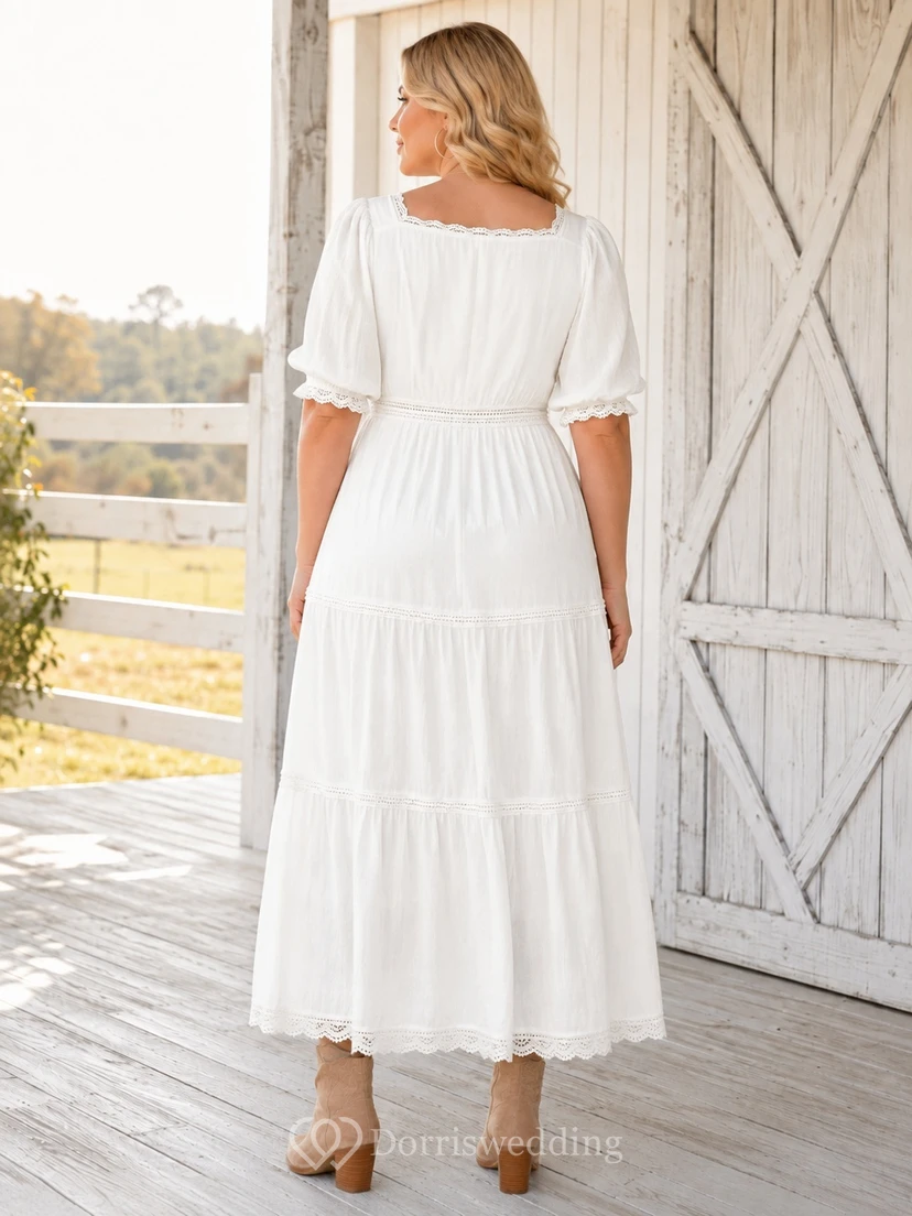 Plus Size Western Cotton Kleid mit Dreiviertel-Puffärmeln, eckigem Ausschnitt und Stufenrock in Teelänge, view 2