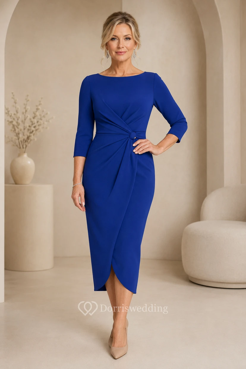 MOB-Kleid, königsblau, Stretch-Satin, Etuikleid, 3/4-Ärmel, U-Boot-Ausschnitt, knielang, gerafft