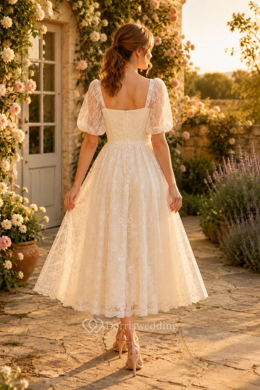 Wedding Guest Dress Ivory Lace A-Line Square Neck Short Sleeve Tea Length view 2
