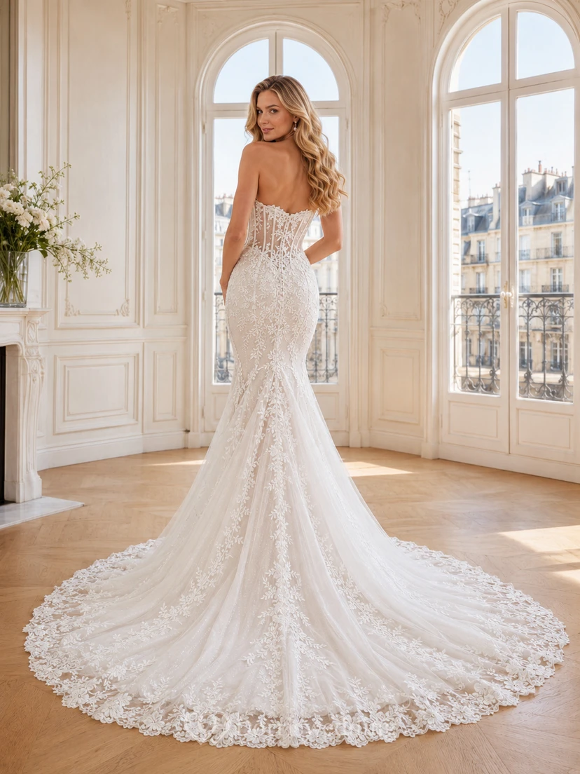 Robe de mariée sirène bustier en dentelle naturelle avec traîne chapelle et application, ornée d'appliques, décolleté cœur et galerie de robes de mariée view 2