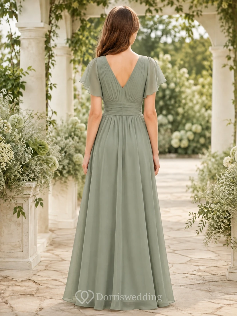 Elegantes Brautjungfernkleid in Celadon-Optik, A-Linie, V-Ausschnitt, kurze Ärmel view 2