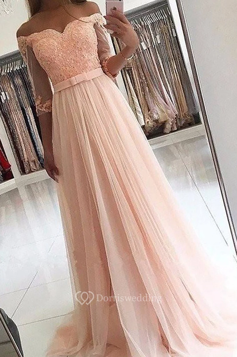 A-Line Lace Tulle Off-the-shoulder Long Sleeve Zipper Dress