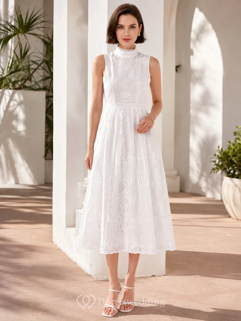 Elegantes, ärmelloses, besticktes A-Linien-Kleid mit hohem Kragen und Teelänge für besondere Anlässe