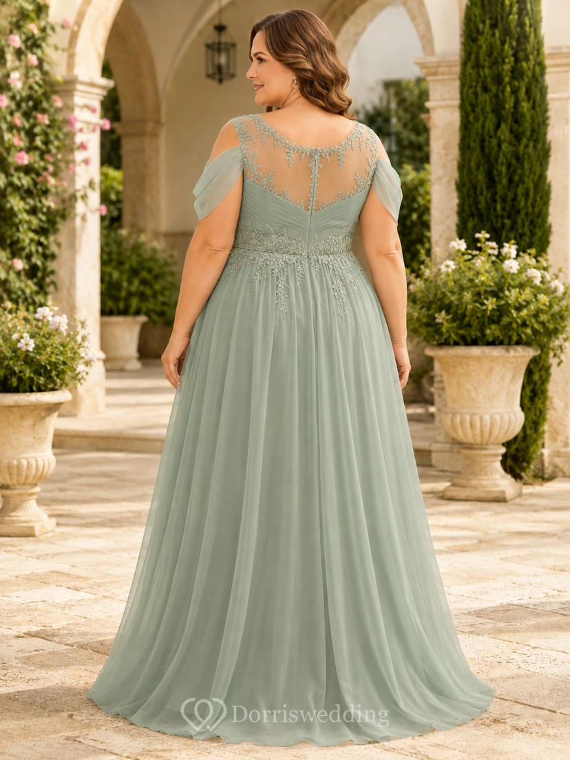 Plus size sage illusion lace bodice tulle mother gown view 2
