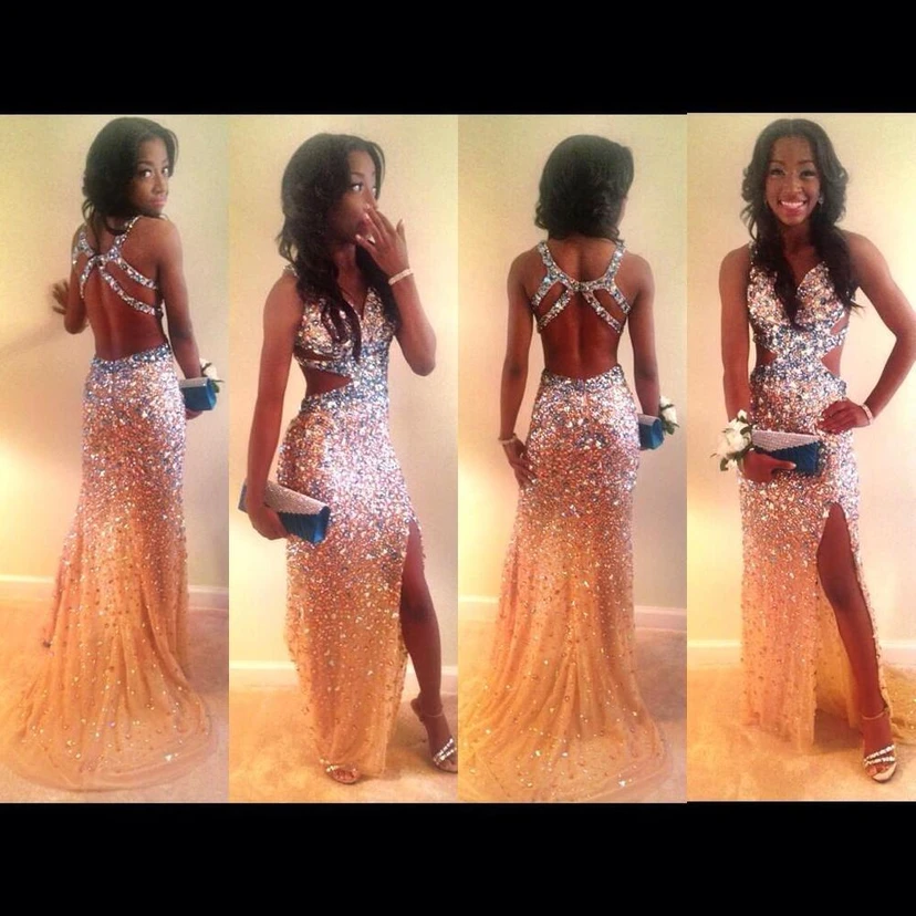 Split Beadings Sexy Prom Dress Stunning Crystal Straps and Front view 2