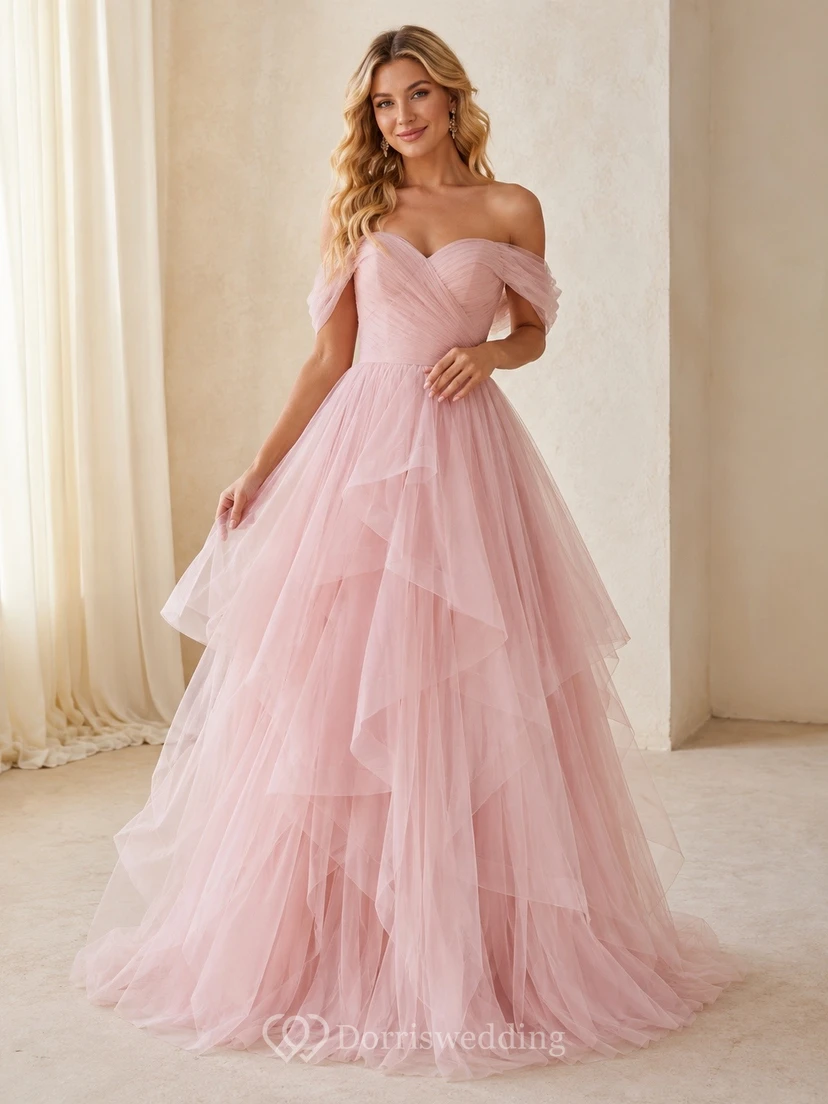 Blushing Pink Off-the-Shoulder Short Sleeve Layered Tulle Ball Gown Dress