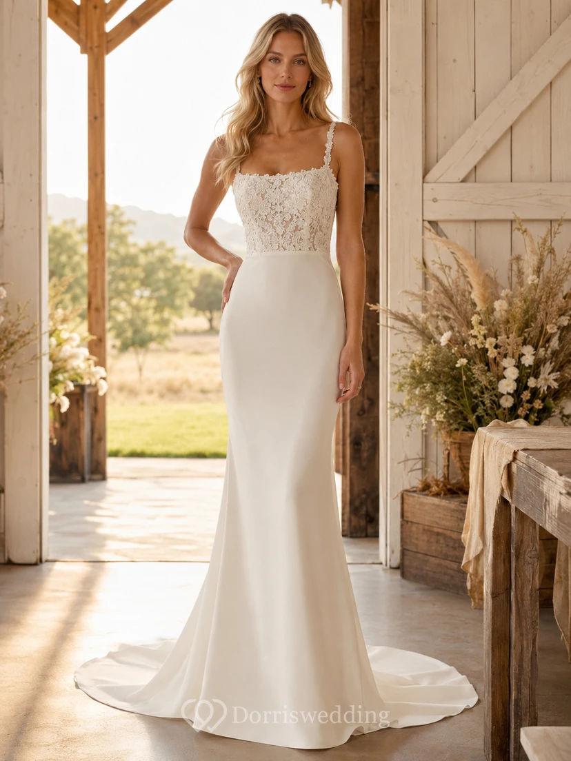 Robe de mariée bohème simple fourreau en dentelle, en crêpe, style grange