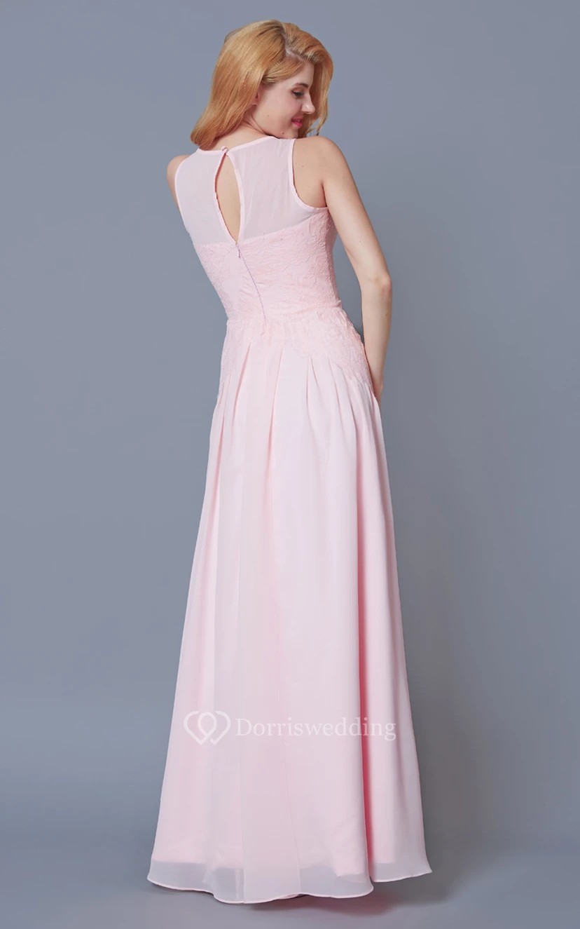Sleeveless Scoop Neck A-line Chiffon Dress With Lace Detailing view 3