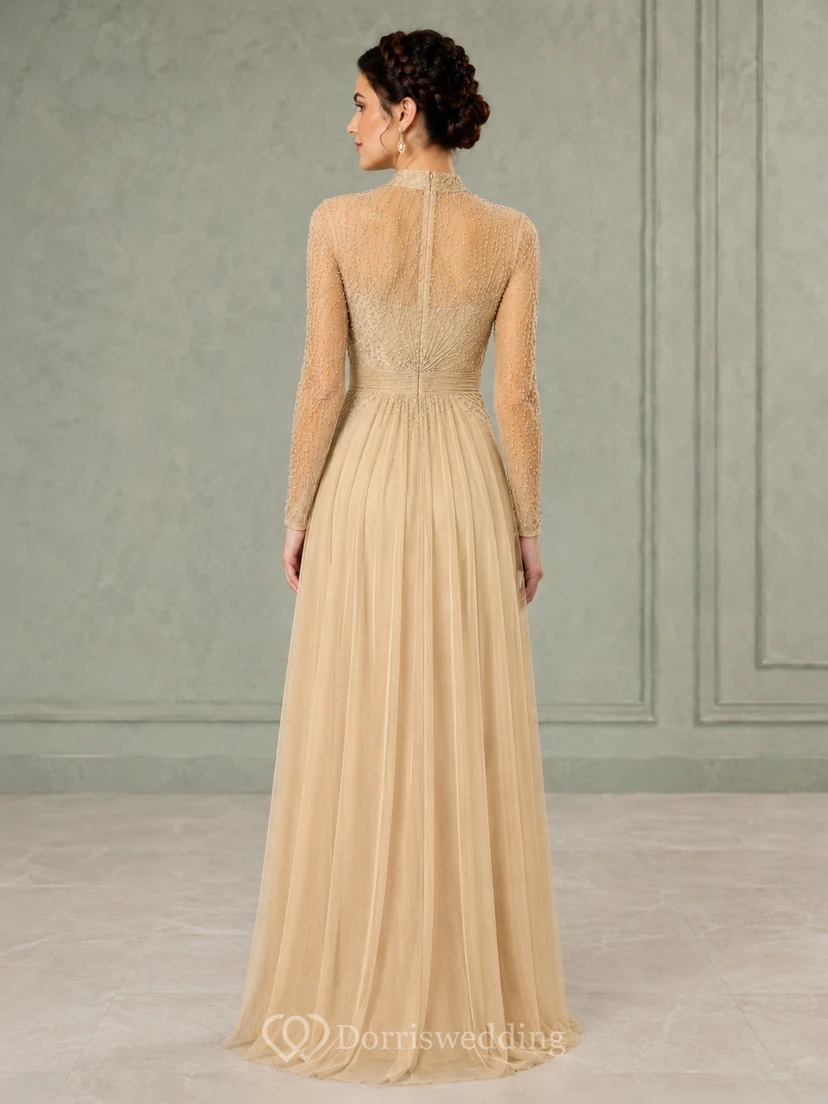 Modest Champagne High Neck Long Sleeve Beaded Tulle A-Line Floor-Length Gown view 2