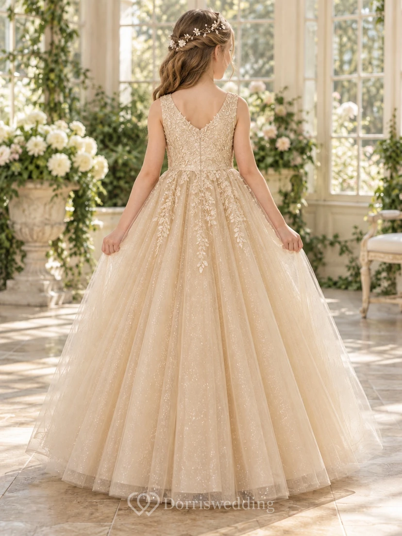Champagne Floral A-line Tulle Sleeveless V-neck Floor-length Embroidered Flower Girl Dress view 2