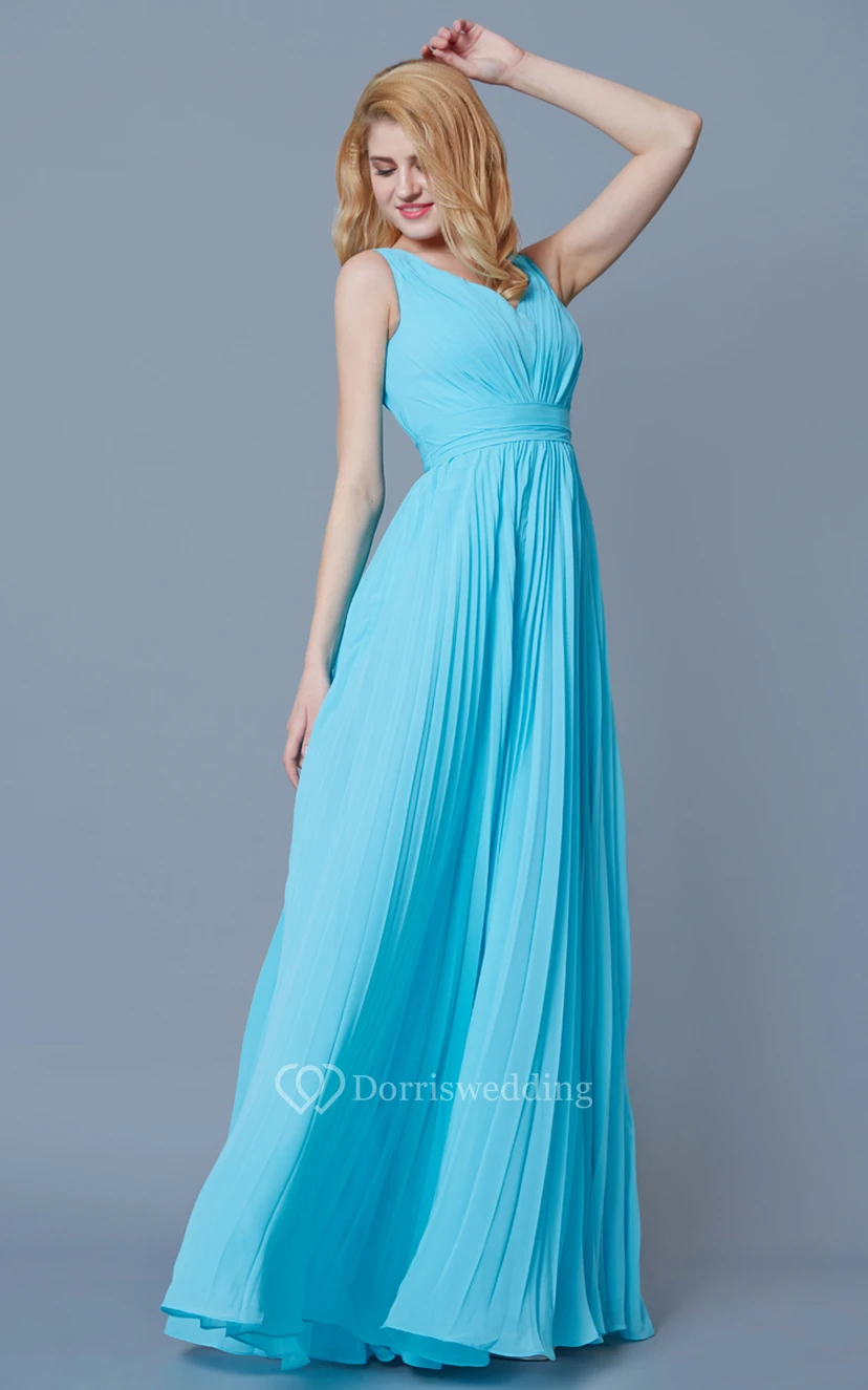 Sleeveless V Neck Pleated Long Chiffon Dress view 4