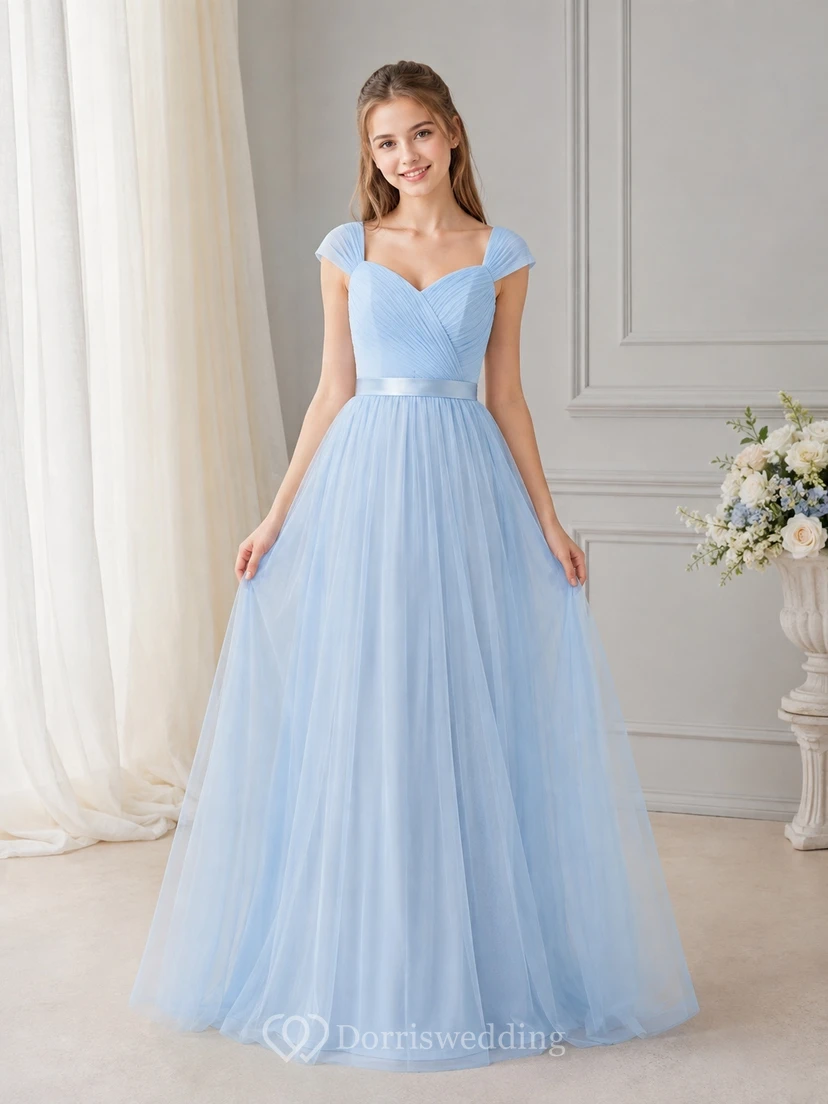 Vestido de dama de honor juvenil azul cielo, corte en A, manga corta cuadrada, plisado corto, estilo romántico.