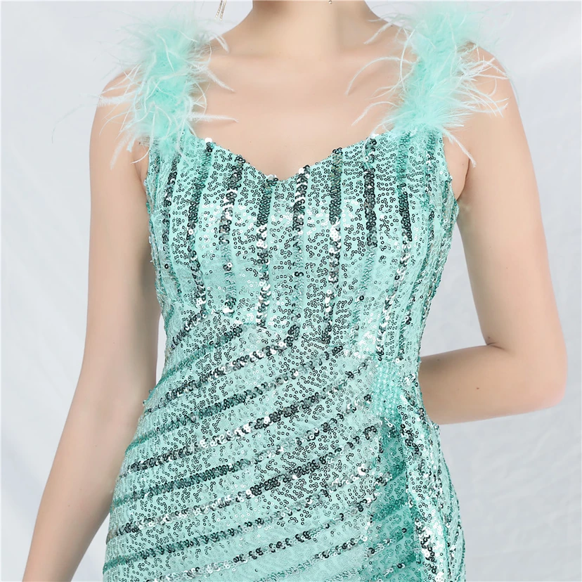 Evening Dress Craft Beaded Ostrich Feather Sequined Side Slit Evening Dress view 8