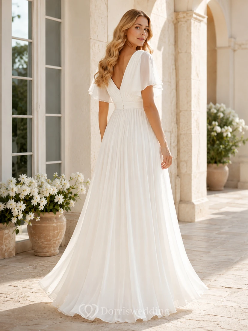 Robe de mariée romantique en mousseline, coupe trapèze, longueur au sol, col en V, manches courtes, style jardin. view 2