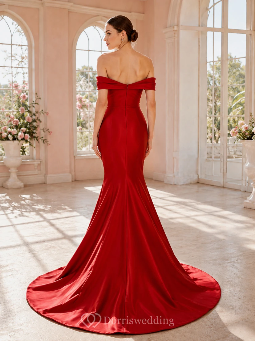 Red Off-Shoulder Satin Mermaid Pleated Elegant Romantic Wedding Dress view 2