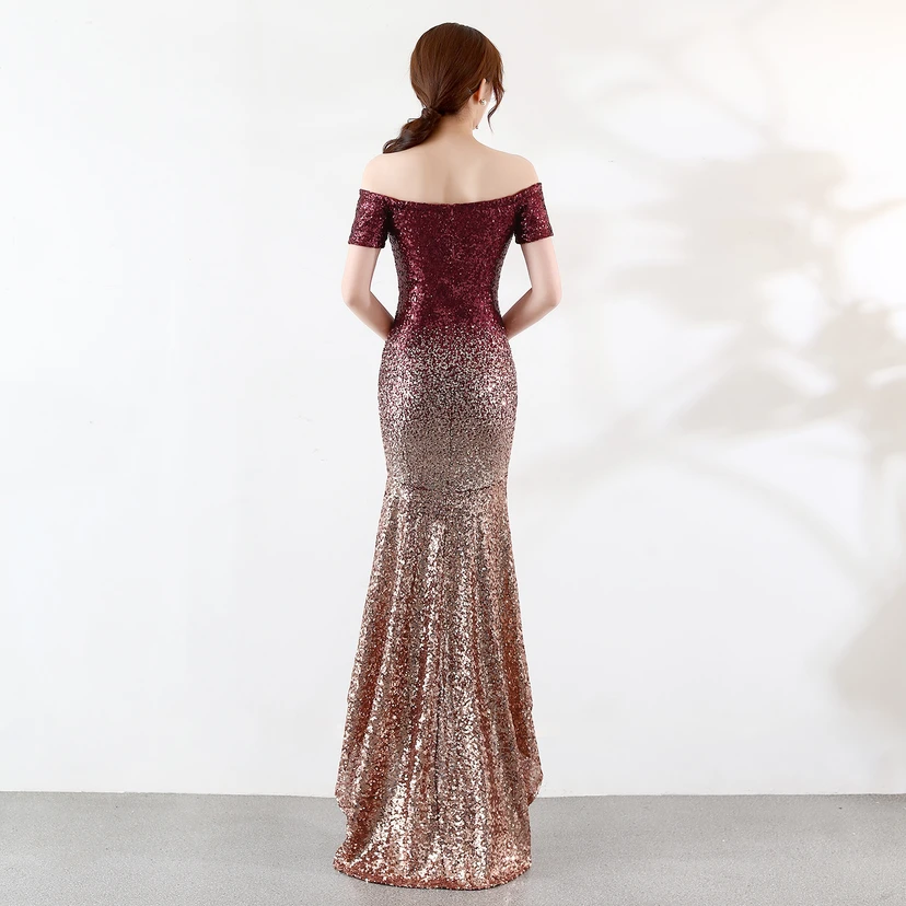 Robe asymétrique à manches courtes, style européen et américain, sequins dégradés, robe de soirée de mariage ou de banquet. view 10