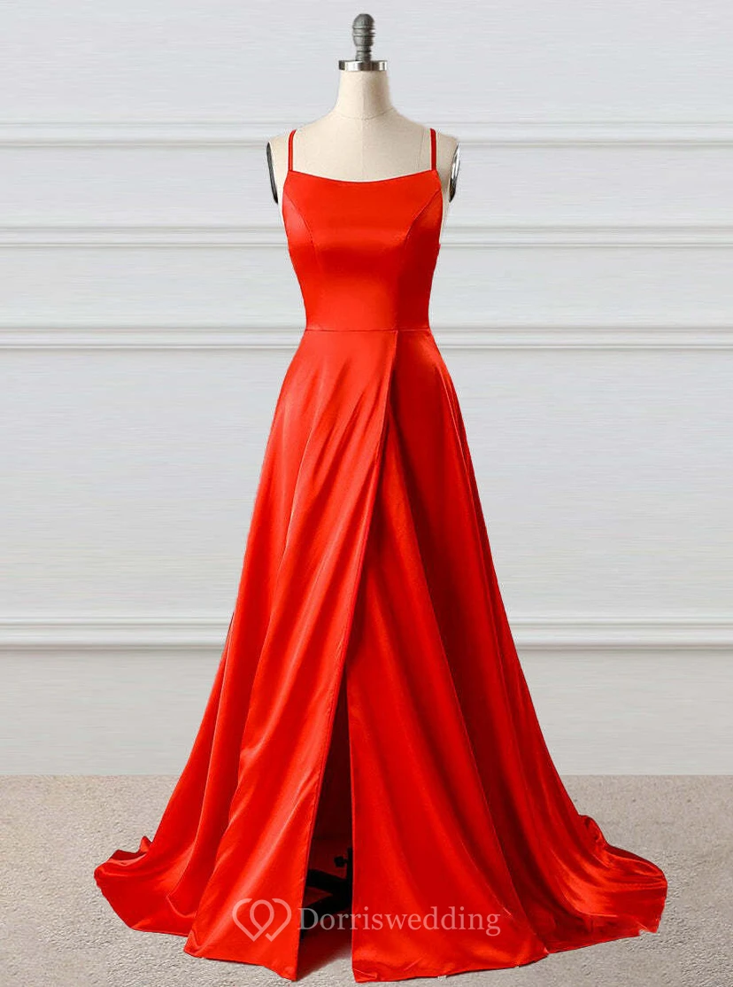 Simple Satin Spaghetti A-line Dress with Sweep Train view 9