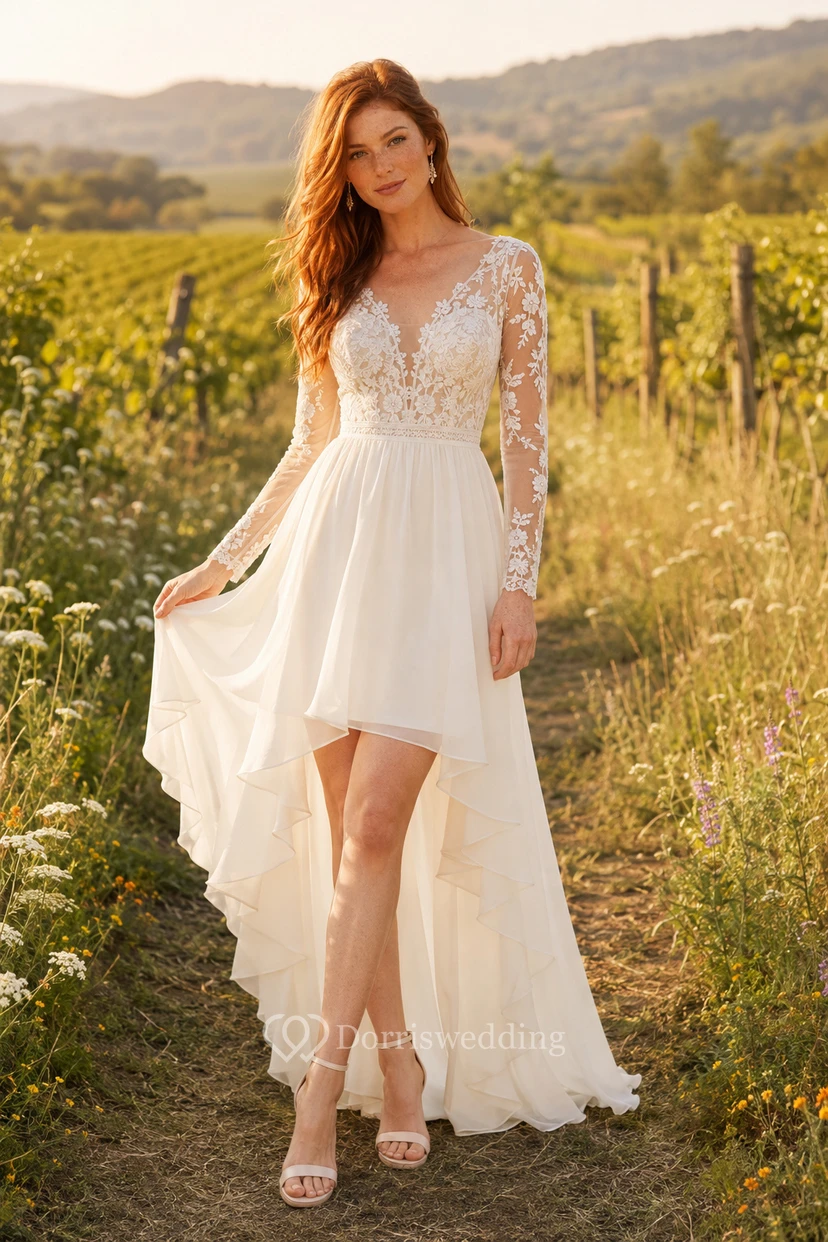 Robe de mariée asymétrique en dentelle à manches longues avec traîne
