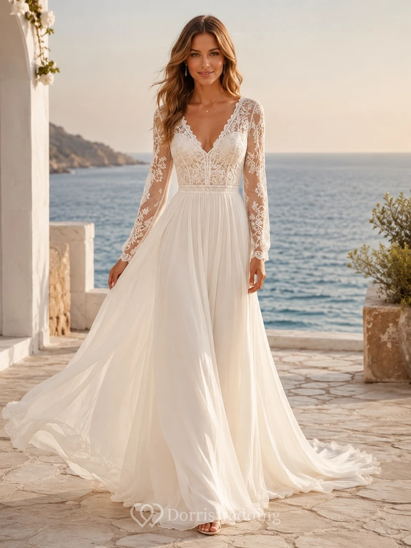 Bohemian V-neck Long Sleeve Sweep Train Lace Chiffon A-line Bridal Dress