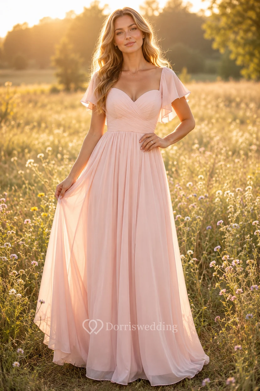 Zartrosa Brautjungfernkleid aus Chiffon mit kurzen Ärmeln, A-Linien-Schnitt und Empire-Taille