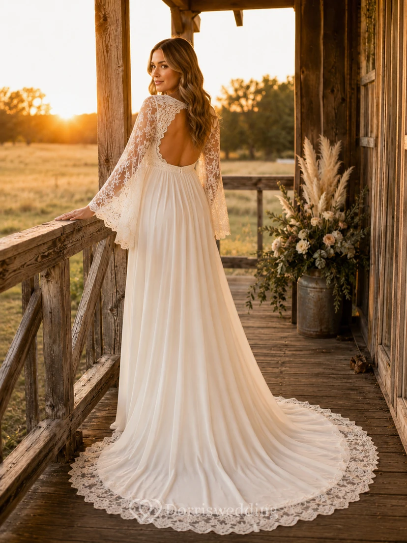 Robe de mariée rustique à col en V et manches longues en dentelle pour femme enceinte view 2