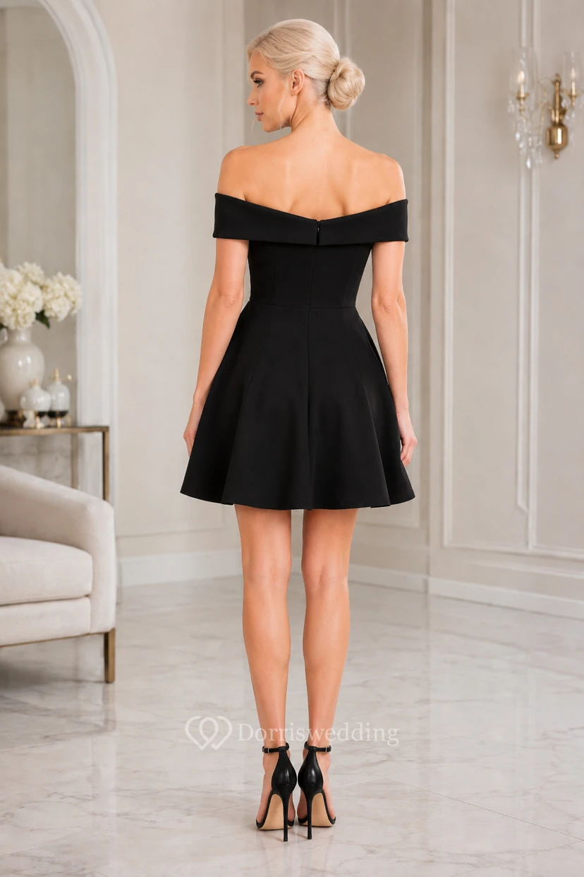 Black Off-the-Shoulder Satin A-Line Mini Cocktail Dress with Foldover Neckline view 2