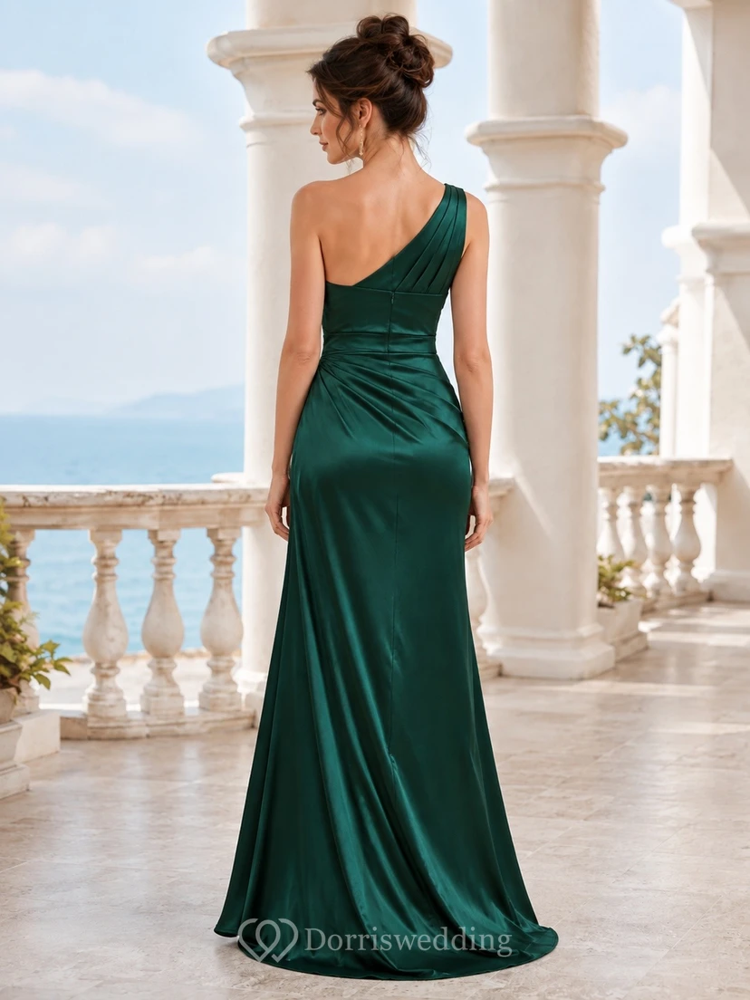 Dark Green Satin One-Shoulder Sleeveless Sheath Floor-length Formal Dress view 2