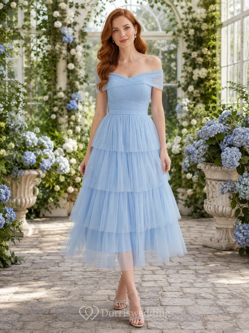 Robe de jardin romantique bleu ciel en tulle, épaules dénudées, manches courtes, coupe trapèze à volants, longueur thé