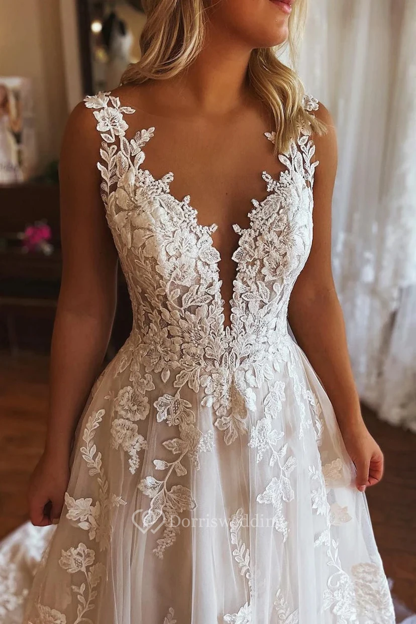 White Lace Backless Wedding Gown with Train view 3