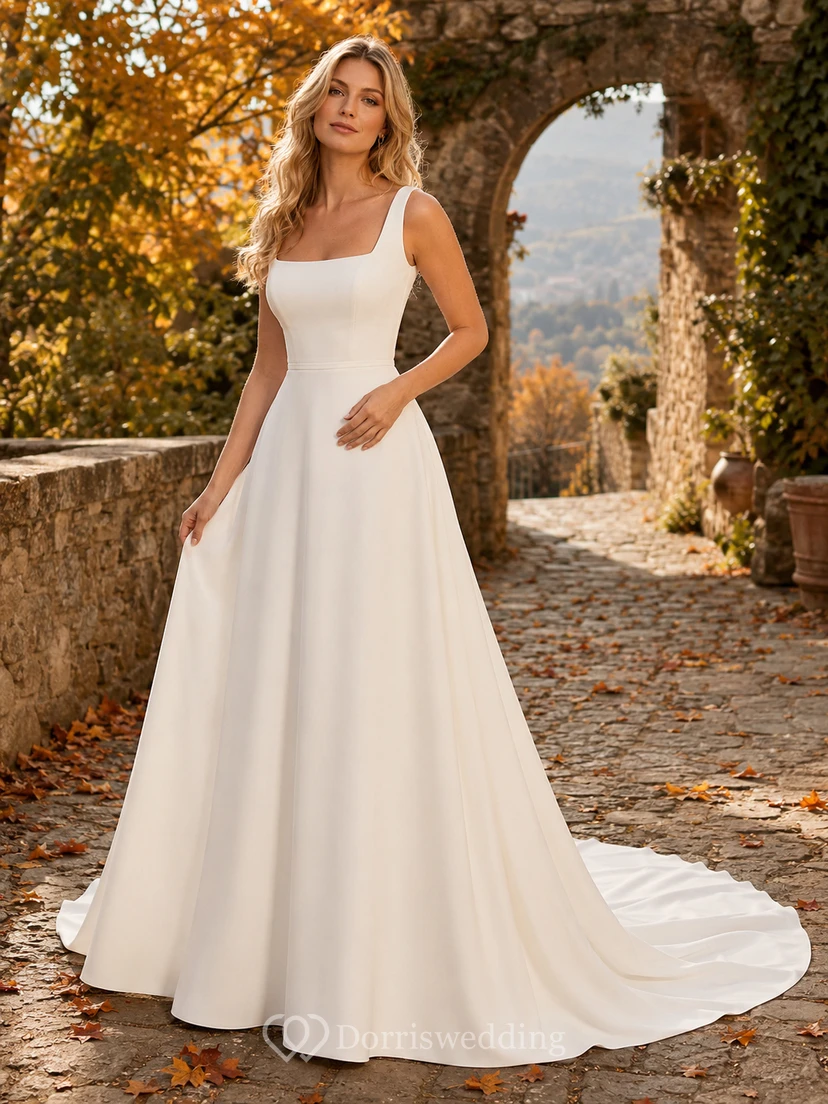 Autumn Countryside Square Neck Straps A-Line Wedding Dress