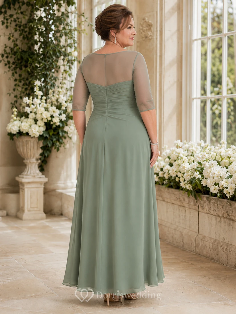 Elegantes Abendkleid in Übergröße, salbeigrün, mit Illusion-Ausschnitt, U-Boot-Ausschnitt, halben Ärmeln, Raffungen in A-Linie und bodenlang view 2