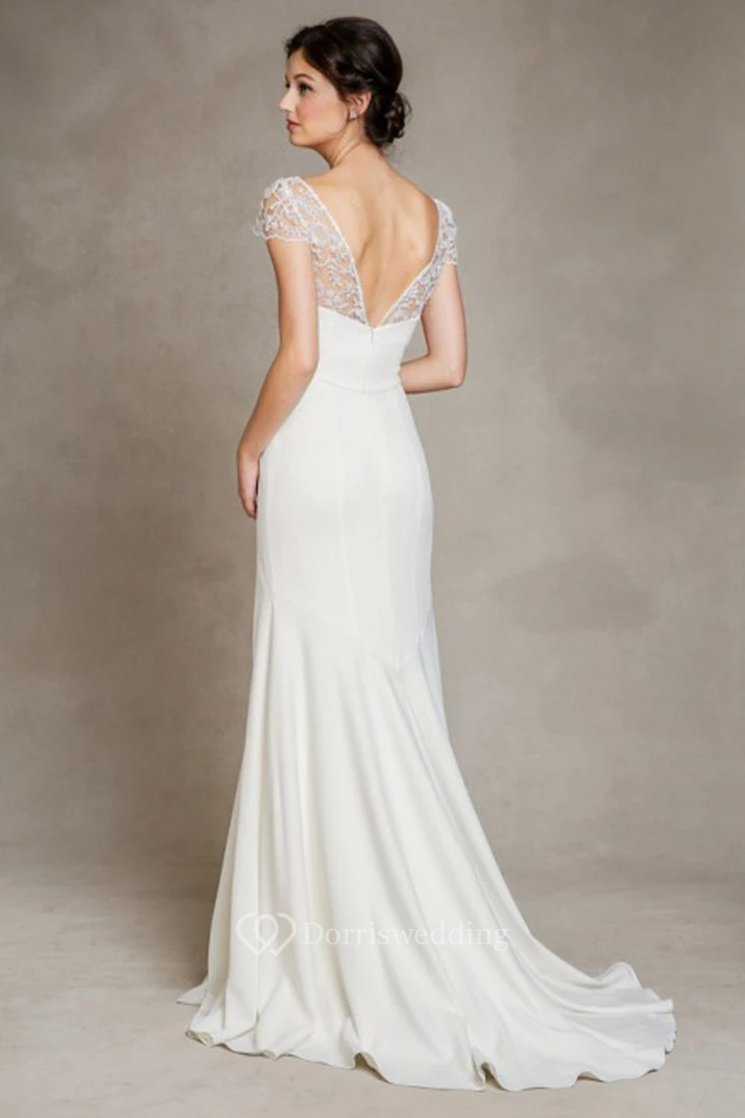 Sheath Scoop-Neck Floor-Length Cap-Sleeve Satin Wedding Dress view 2