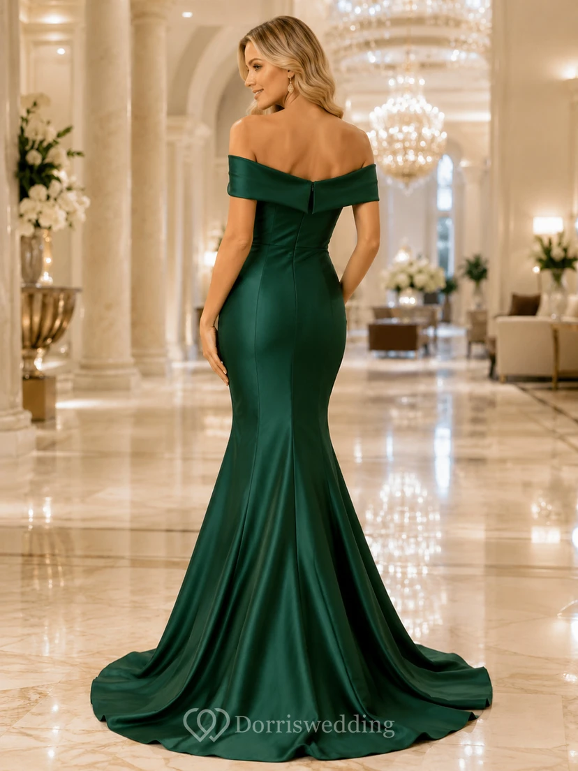 Emerald Off Shoulder Satin Mermaid Floor Length Formal Dress view 2