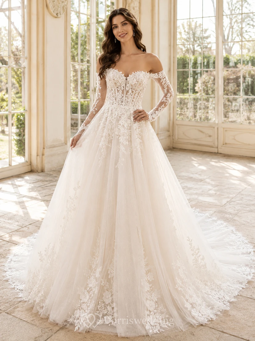 Robe de mariée luxueuse en dentelle florale, épaules dénudées, manches longues, coupe trapèze, traîne cathédrale, à manches longues et épaules dénudées