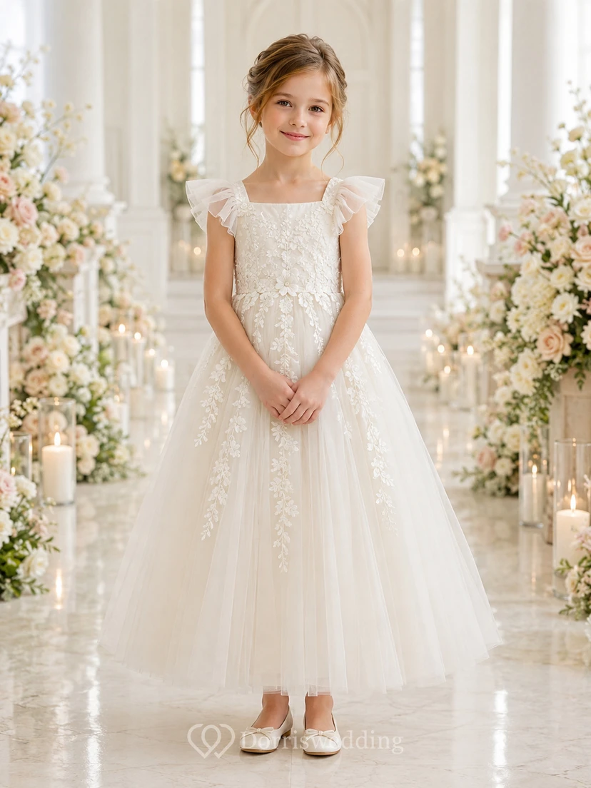 Blumenmädchenkleid aus elfenbeinfarbenem Spitzenoberteil und Tüll in Teelänge