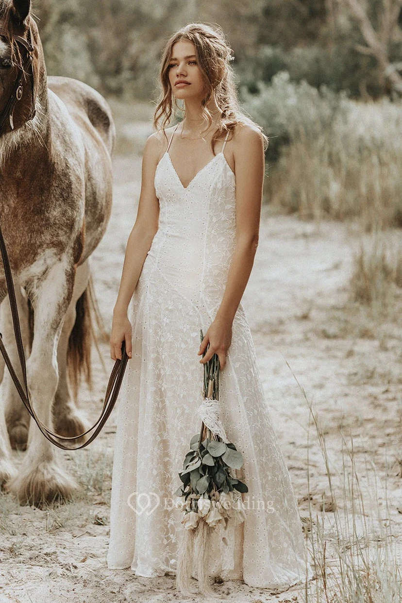 Sheath Lace Spaghetti V-neck Wedding Gown With Straps And Open Back