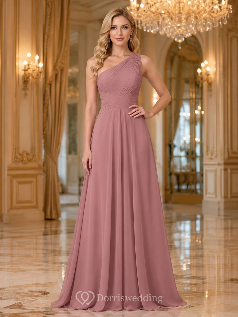 Grand Ballroom Formal Dusty Rose Simple Elegant A-Line Chiffon Bridesmaid Dress with One-Shoulder Sleeveless Floor-Length Pleated Open Back