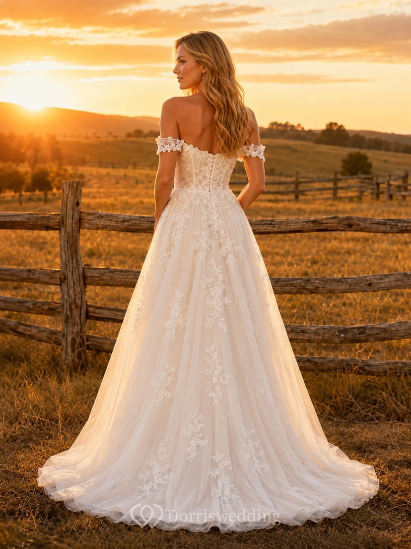 Ranch Country Boho Romantic A-Line Lace Tulle Wedding Dress with Off Shoulder Sweetheart Long Sleeve Floor-Length Train Split Skirt Appliques Low Back view 2