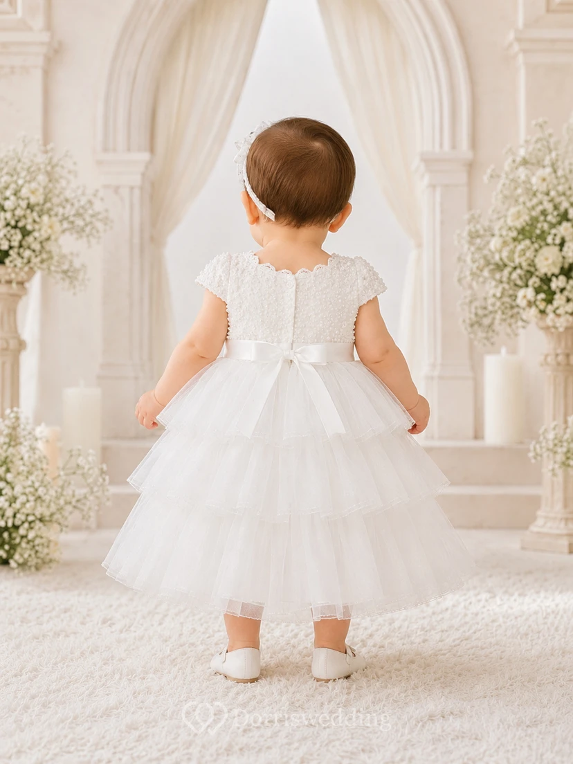 Layered Tulle Baby Baptism A-Line Cap Sleeve Tiered Dress Romantic Adorable Lace view 2