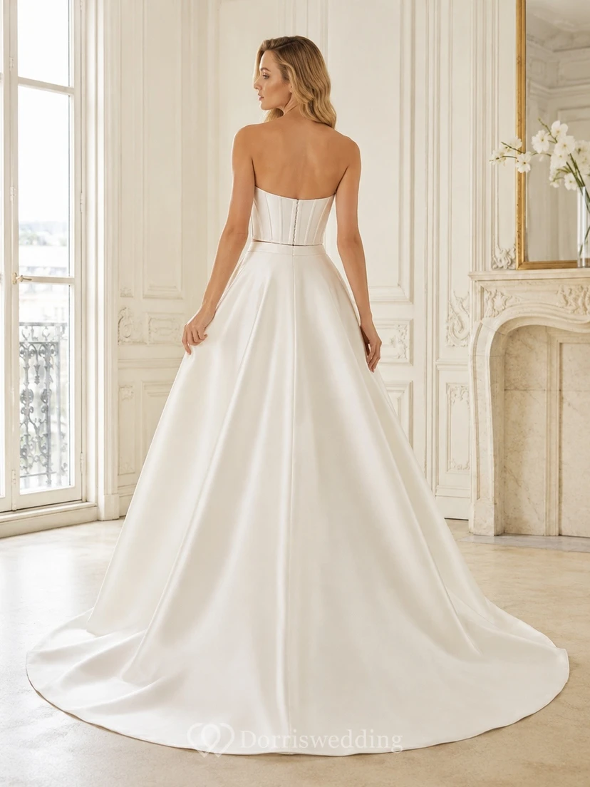 Two Square Modern Piece Neck Satin Bridal Classic Wedding Dress view 2