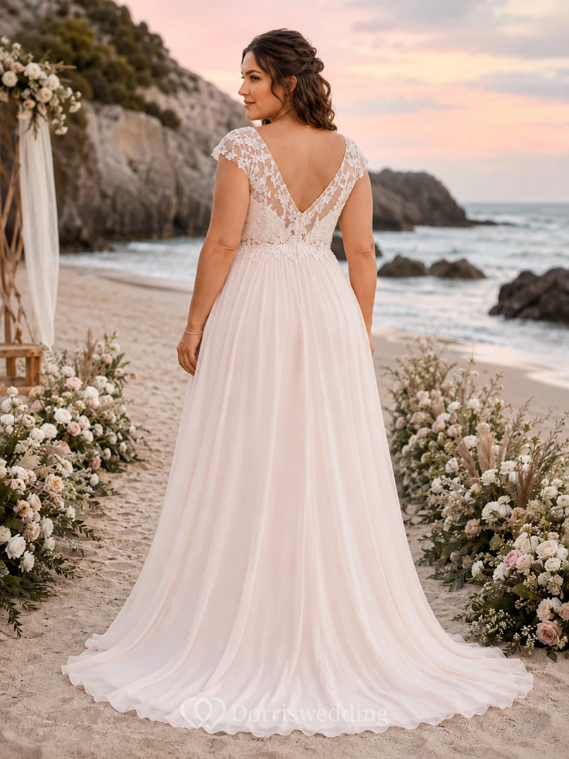 Plus Size Lace Bodice Chiffon Beach Wedding Dress view 2