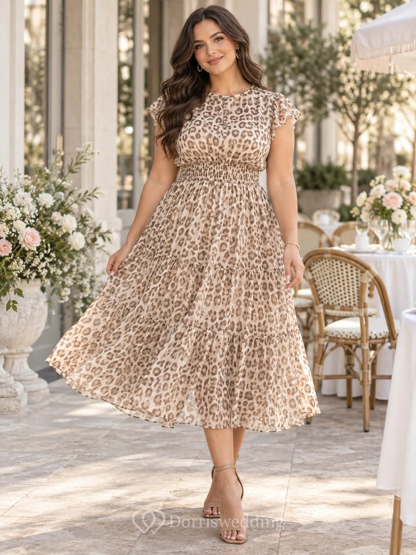 Vestido de fiesta de gasa marrón con estampado de leopardo, corte en A, cuello joya, manga corta y largo hasta la rodilla.