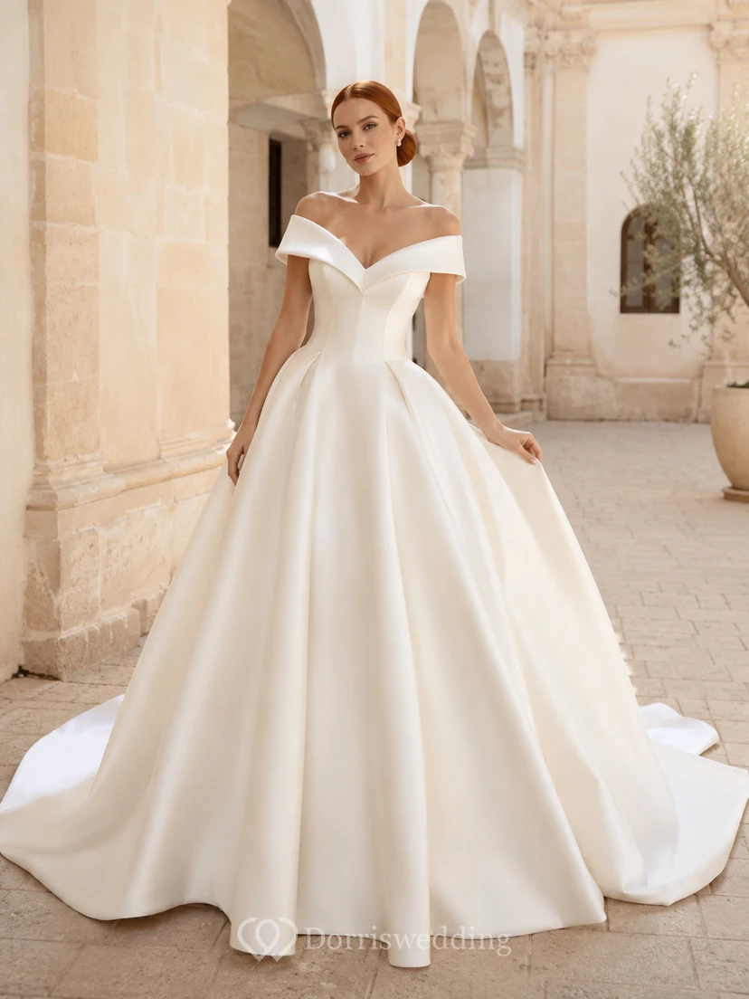 Robe de bal classique en satin à épaules dénudées, taille naturelle, style chapelle