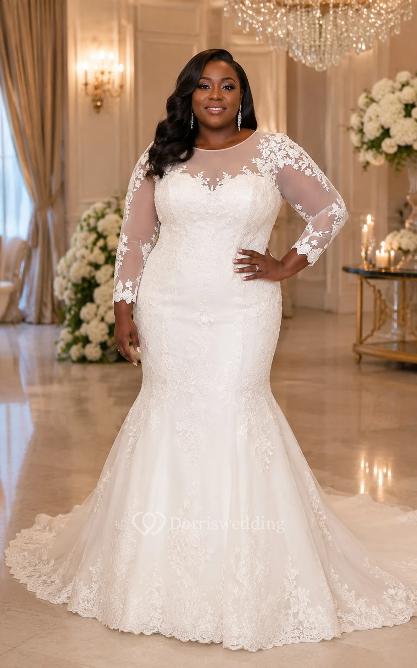 White Plus Size Long Sleeve Lace Mermaid Wedding Dress view 4