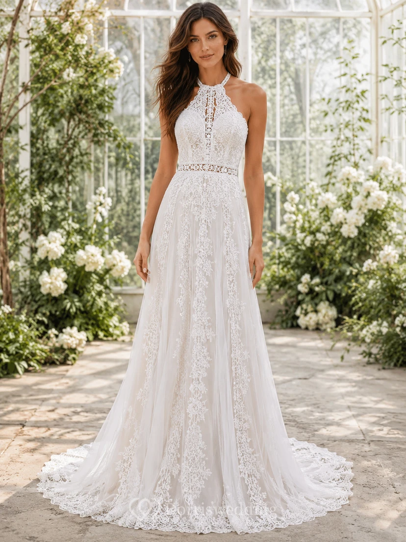 Bohemian High Neck Halter Lace A-Line Keyhole Back Sweep Wedding Gown