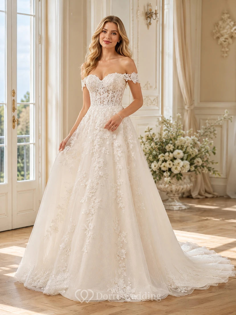 Vestido de novia de corte A con mangas cortas y encaje floral con hombros descubiertos para capilla
