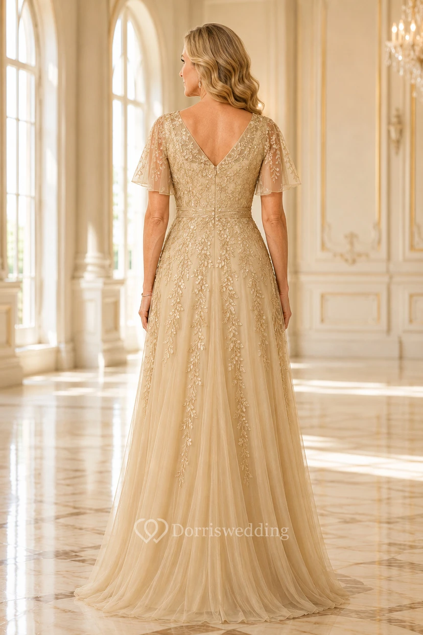MOB Dress Champagne Lace Tulle A-Line Short Sleeve V-Neck Floor Length view 2